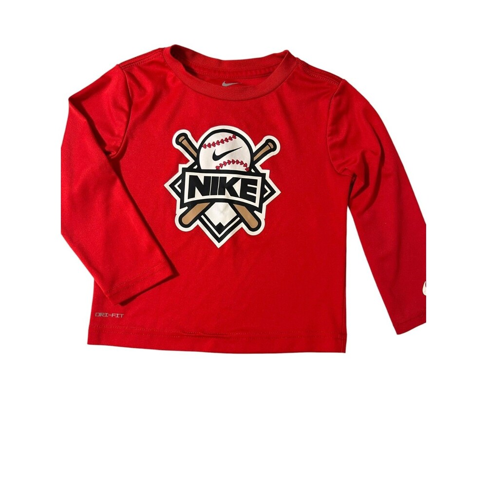 Nike University Red Baseball Logo Toddler Boy 2T Dri-Fit Long Sleeve Tee Shirt.